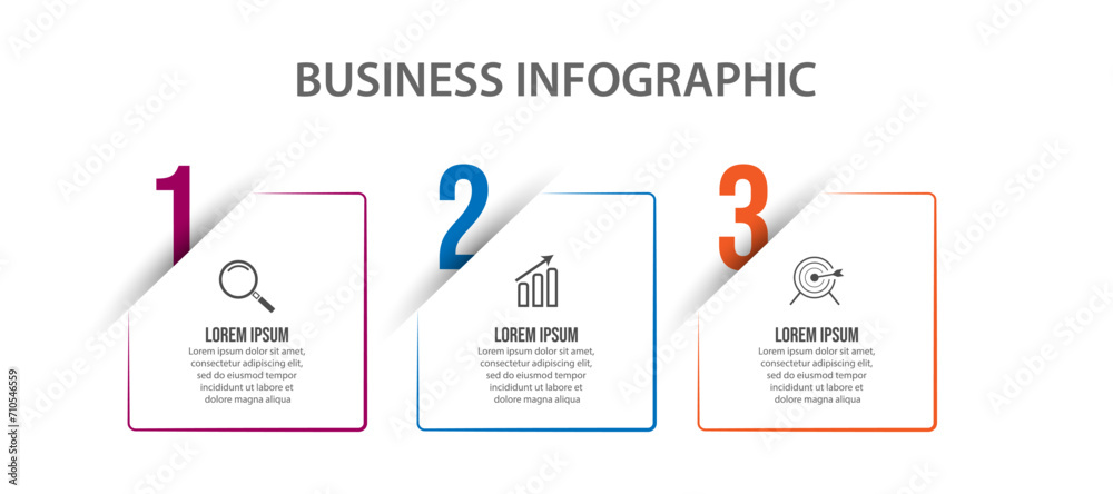 Simple infographic business with 3 parts or steps, there are icons, text, numbers. Can be used for presentation banners, workflow layouts, process diagrams, flow charts, infographics, your business pr - obrazy, fototapety, plakaty 
