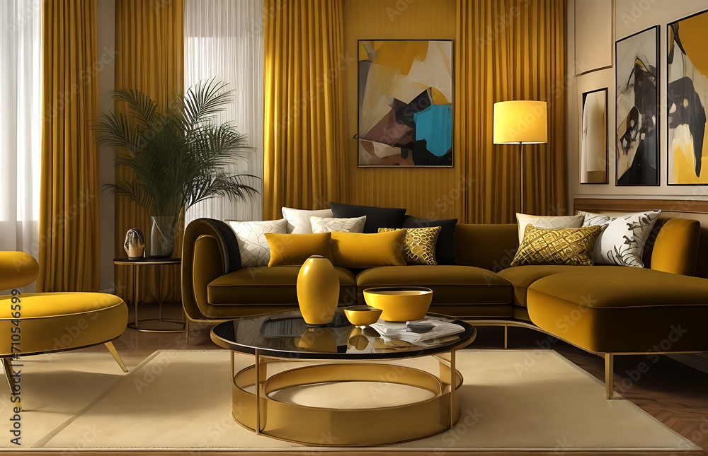 Fototapeta premium Minimalist interior design of modern living room with chair,sofa cushions,coffee table.Generative AI