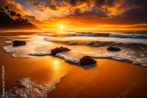 A majestic sunset casting golden hues on a serene beach  with waves gently kissing the shore.