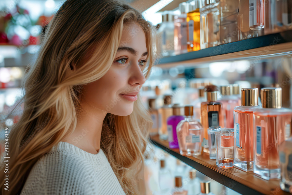 Blonde Woman Selecting Perfume in Store