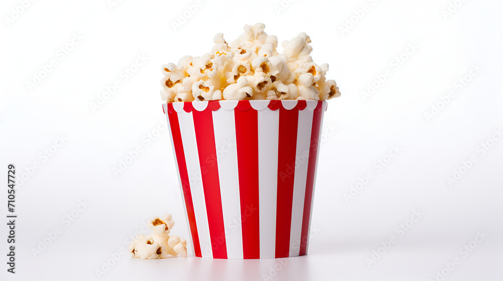 Popcorn in red and white striped cardboard bucket on white background generated AI