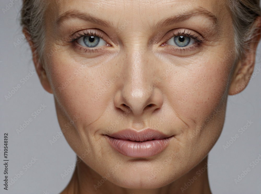 Timeless beauty. Close-up of a radiant 50s mid-aged woman's face, proudly embracing anti-aging and skincare concepts. Timeless beauty. Close-up of a radiant 50s mid-aged woman's face, proudly embracing anti-aging and skincare concepts.