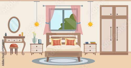 Cozy bedroom. Bedroom interior: bed, dressing table with chair, carpet, potted plants, wardrobe, window with a summer view. Interior concept. Vector flat illustration.