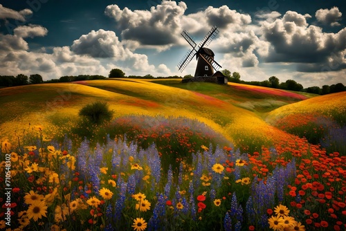 A countryside portrait highlighting a lone windmill framed by a profusion of brilliantly colored wildflowers.