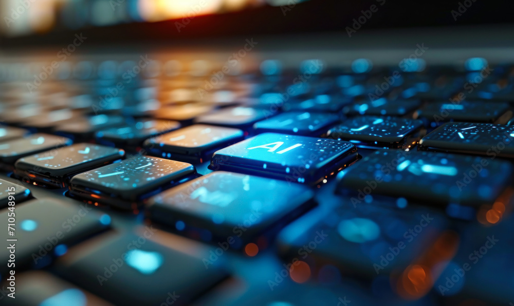Blue AI button on a keyboard symbolizing artificial intelligence technology in modern computing and its integration into daily digital interactions - obrazy, fototapety, plakaty 
