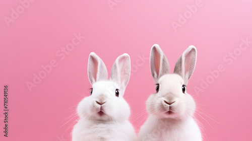 two white rabbit sitting on pink background. Generated AI