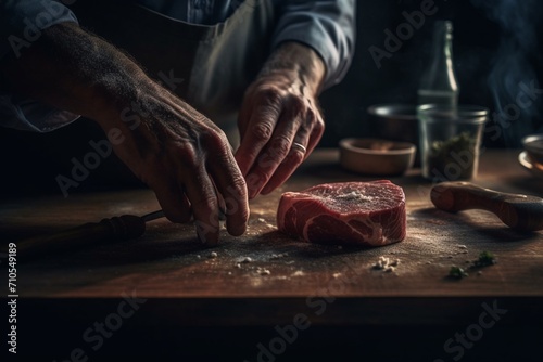 butcher cutting meat on the grill photo