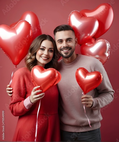 Effortlessly happy couple with heart balloons on coral. Practical joy for Valentine's Day.