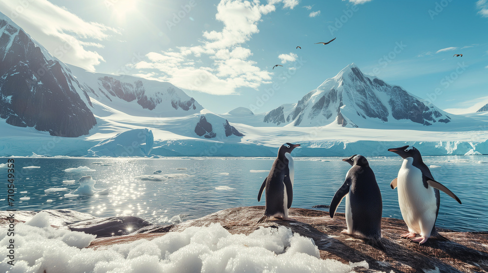 two penguins against the backdrop of beautiful snowy mountains and the sea, desktop screensaver - obrazy, fototapety, plakaty 