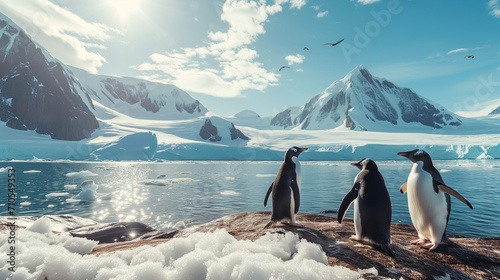 two penguins against the backdrop of beautiful snowy mountains and the sea  desktop screensaver
