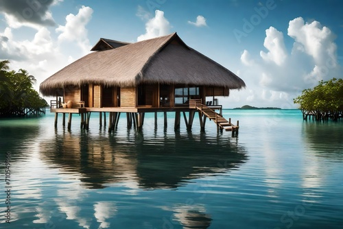 A tranquil overwater bungalow, standing gracefully on stilts, casting a pristine reflection on the calm, glassy waters, a serene escape from the world.