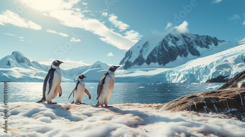 three penguins against the backdrop of beautiful snowy mountains and the sea  desktop screensaver