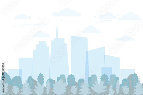 Light blue cityscape background. City buildings with trees at park view. Monochrome city. Modern architectural panorama in flat style.
