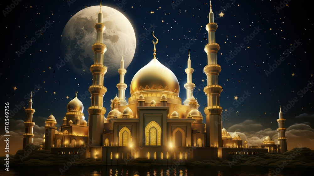 Happy ramadan kareem eid mubarak fitr 3d of mosque moon geometric arabic pattern for background sale poster or greeting card