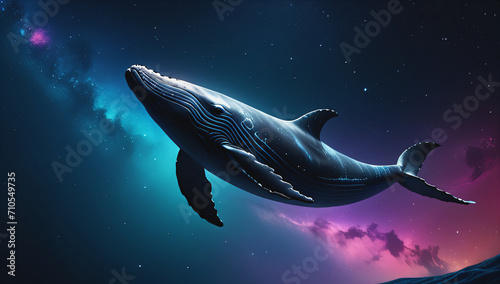 Whales swimming on a space themed background