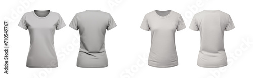 realistic set of female grey t-shirts mockup front and back view isolated on a transparent background, cut out