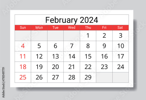 February 2024 ENGLISH month calendar. Vector printable illustration