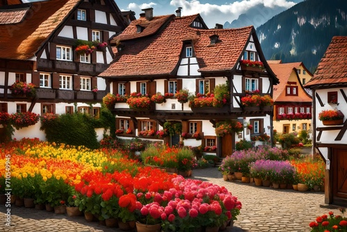 A quaint Bavarian village nestled amidst colorful flower fields, with traditional timber-framed houses.
