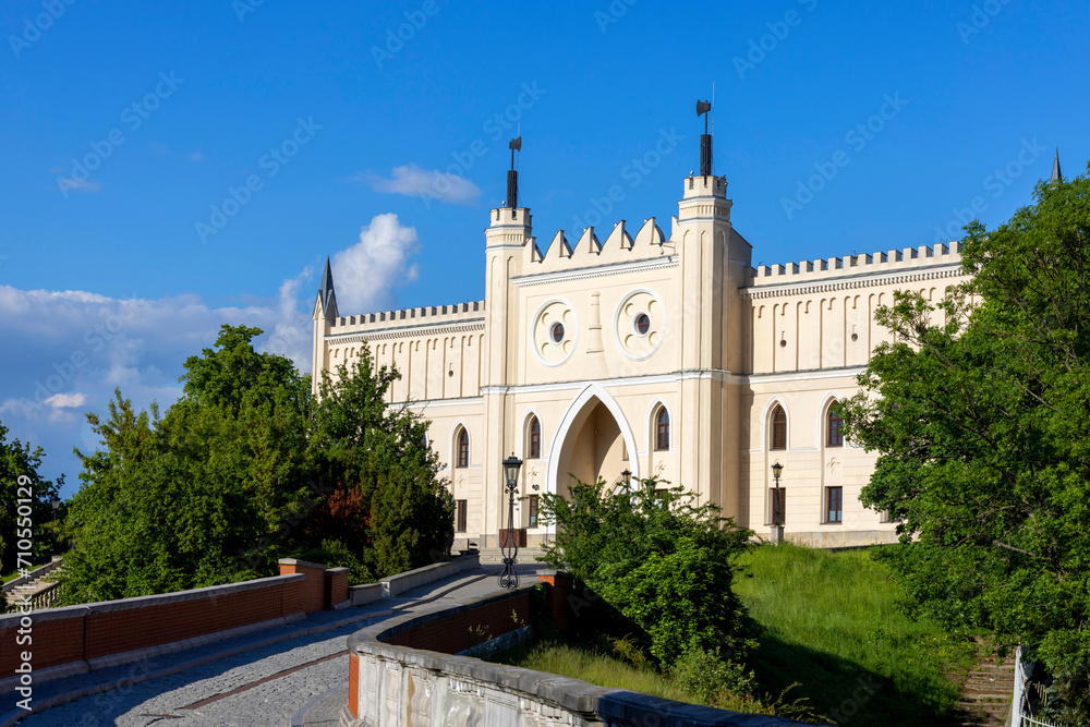 Lublin, Poland - May 23, 2022:  Lublin Castle, main entrance gate of the neo-gothic part of the building. It is one of the oldest preserved Royal residencies in Poland - obrazy, fototapety, plakaty 
