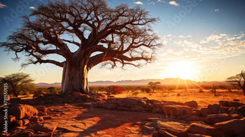 Close-up of a baobab tree against a desert background. Scorching heat, sunshine. Desert landscape. Generative AI photo