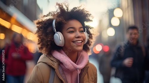 Closeup portrait of beautiful black afro american teenage girl walking and listening to playlist music with wireless headphones. blurry city street in the background photo