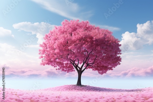 A tree with beautiful pink leaves against a sky background is featured in this view