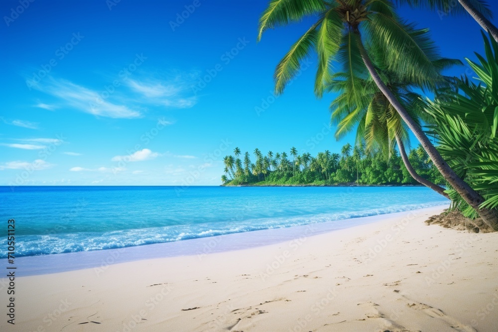 A tropical background displaying shades of blue and green with a white border