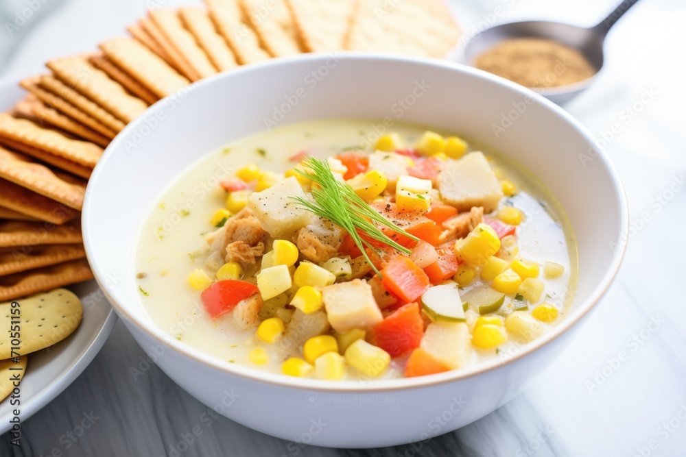 corn chowder in white bowl with oyster crackers corn chowder in white bowl with oyster crackers