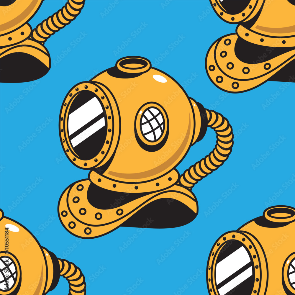 Vintage diving helmet vector cartoon seamless pattern background for ...