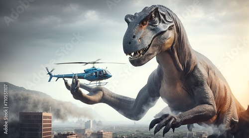 a giant dinosaur holding a helicopter in its hand © Meeza