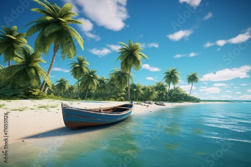 A tropical beach with a boat and palm trees © roy9