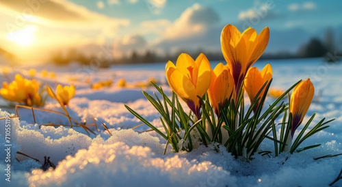 first yellow crocuses flowers on snow in the sunshine 