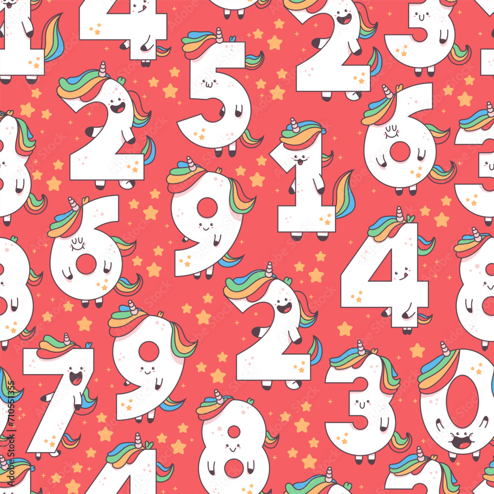 Cute unicorn numbers vector cartoon seamless pattern background for wallpaper, wrapping, packing, and backdrop. Cute unicorn numbers vector cartoon seamless pattern background for wallpaper, wrapping, packing, and backdrop.