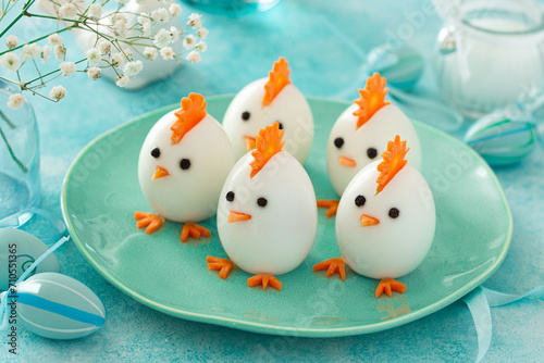 Funny eggs chicks. Easter idea for festive dinner © anna_shepulova