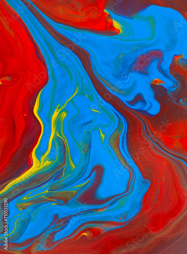 Fluid art painting. Abstract decorative marble texture. Background with liquid acrylic. Mixed paints for poster or wallpaper. Modern art. Psychedelic colors. Blue, golden, red, yellow, orange. 