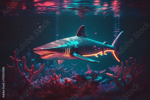 Glowing Aquatic Harmony  Neon Shark and Fish Illuminating the Depths. Captivating Underwater Brilliance