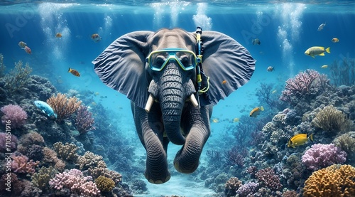 an elephant underwater wearing scuba diving gear © Meeza