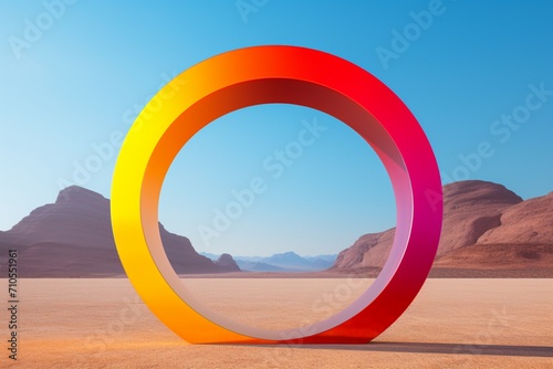 A vibrant rainbow circle stands out in the middle of a desert