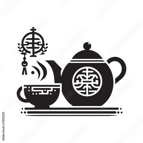 Serenity in Shadows: Chinese Tea Pot Silhouette Stock Series Tailored for Creative Ventures - Chinese New Year Silhouette - Chinese Tea Vector Stock
