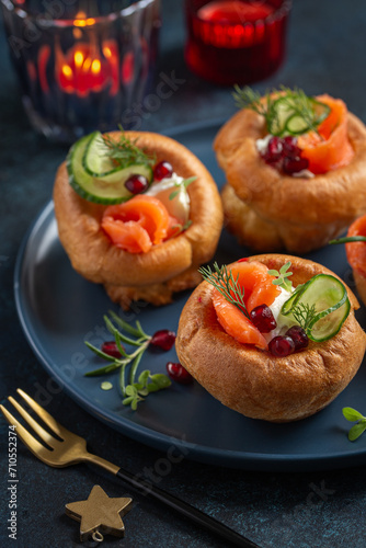 Yorkshire puddings with smoked salmon, cucumber and cream cheese