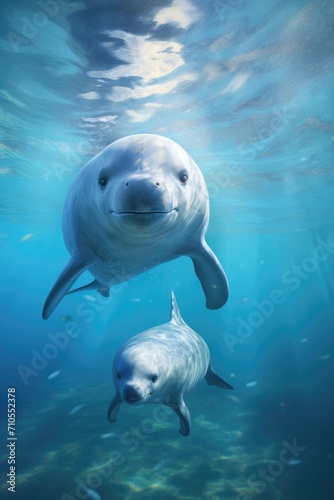 sea background. Fur seal and dolphin © Aida