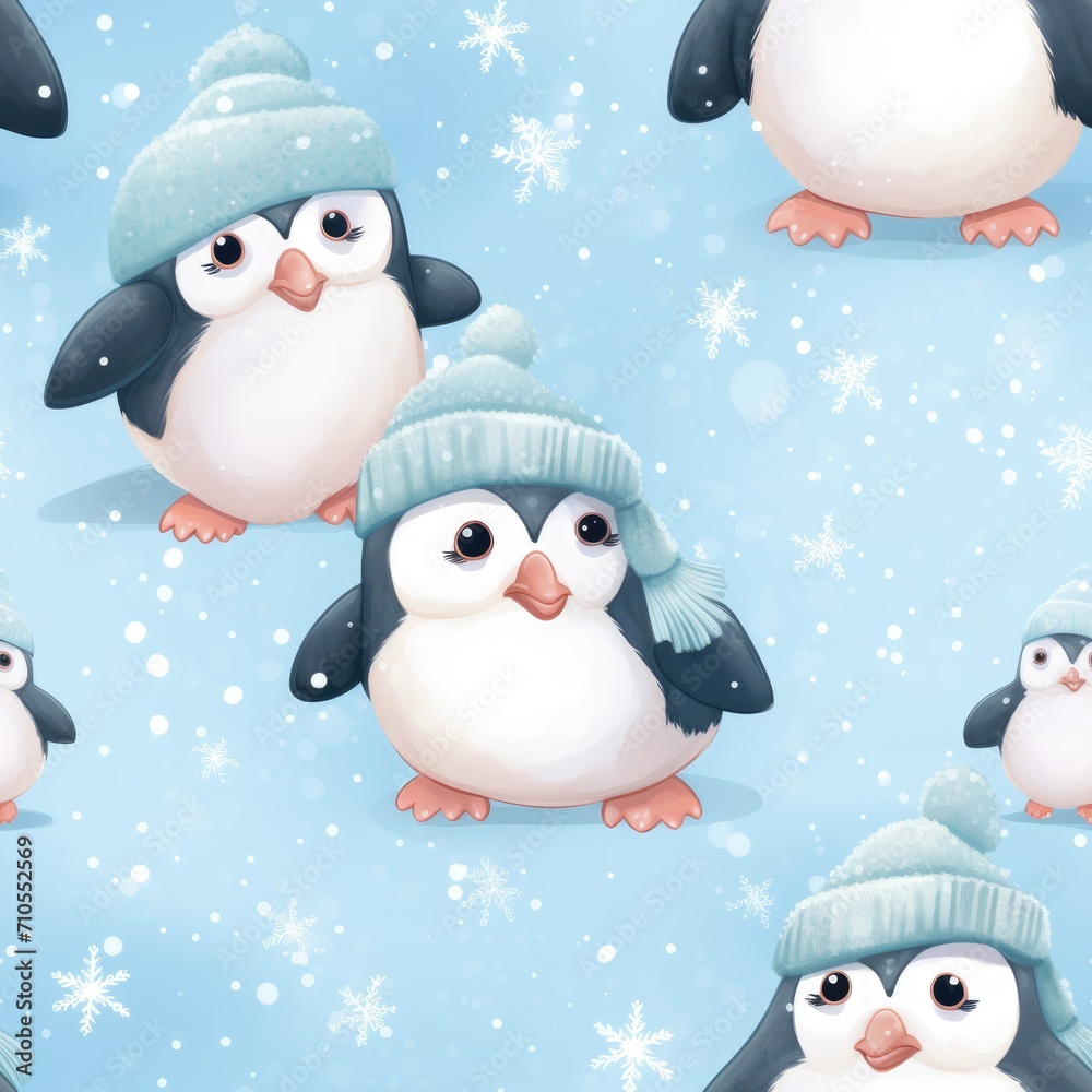Penguin cute plush Seamless Pattern. Fluffy, fur penguins tile in pastel colors. Illustration with penguin, animal background for textile, fabric, wrapping paper.