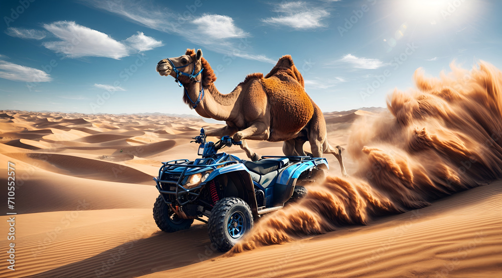 a camel riding an ATV in the desert - obrazy, fototapety, plakaty 