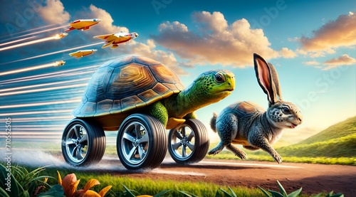 a turtle with wheels racing ahead of a running rabbit in a playful challenge photo