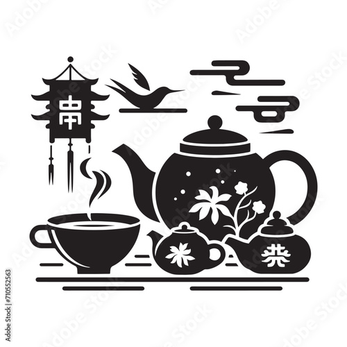 Oriental Charm Captured: Mesmerizing Chinese Tea Pot Silhouette Stock Imagery - Chinese New Year Silhouette - Chinese Tea Vector Stock
