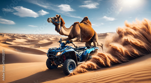 a camel riding an ATV in the desert photo