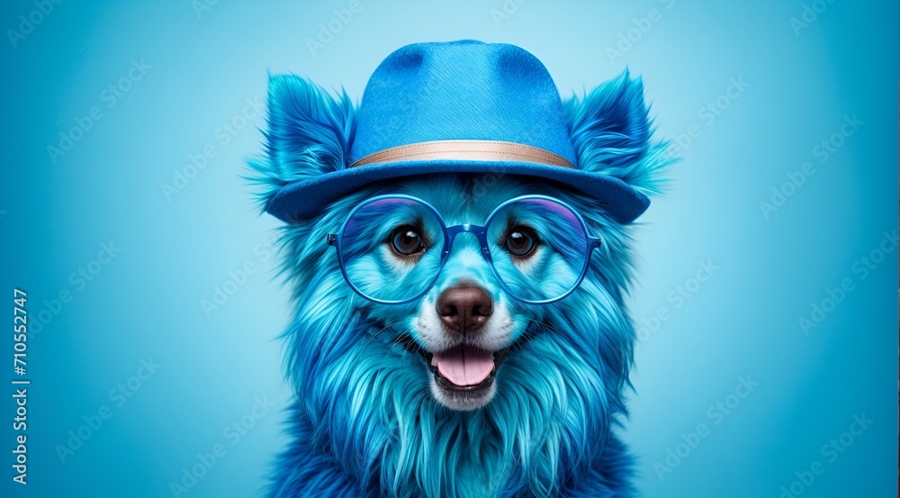 a dog with blue fur, blue glasses, and a blue hat