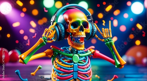 a multicolored skeleton wearing headphones and dancing joyfully photo