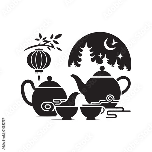 Serenity in Shadows: Chinese Tea Pot Silhouette Stock Series Tailored for Creative Ventures - Chinese New Year Silhouette - Chinese Tea Vector Stock
