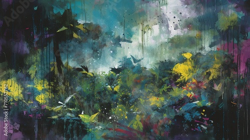 Abstract background of a lush rainforest after a heavy rain. The painting yang dominated by a deep, verdant green. © Mas